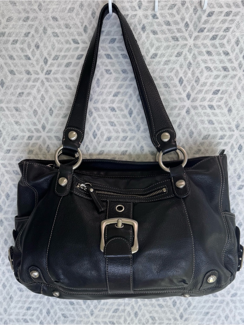 B. Makowsky Black Leather Satchel Shoulder Bag Paisley Lined Large Tote Purse - Picture 8 of 16